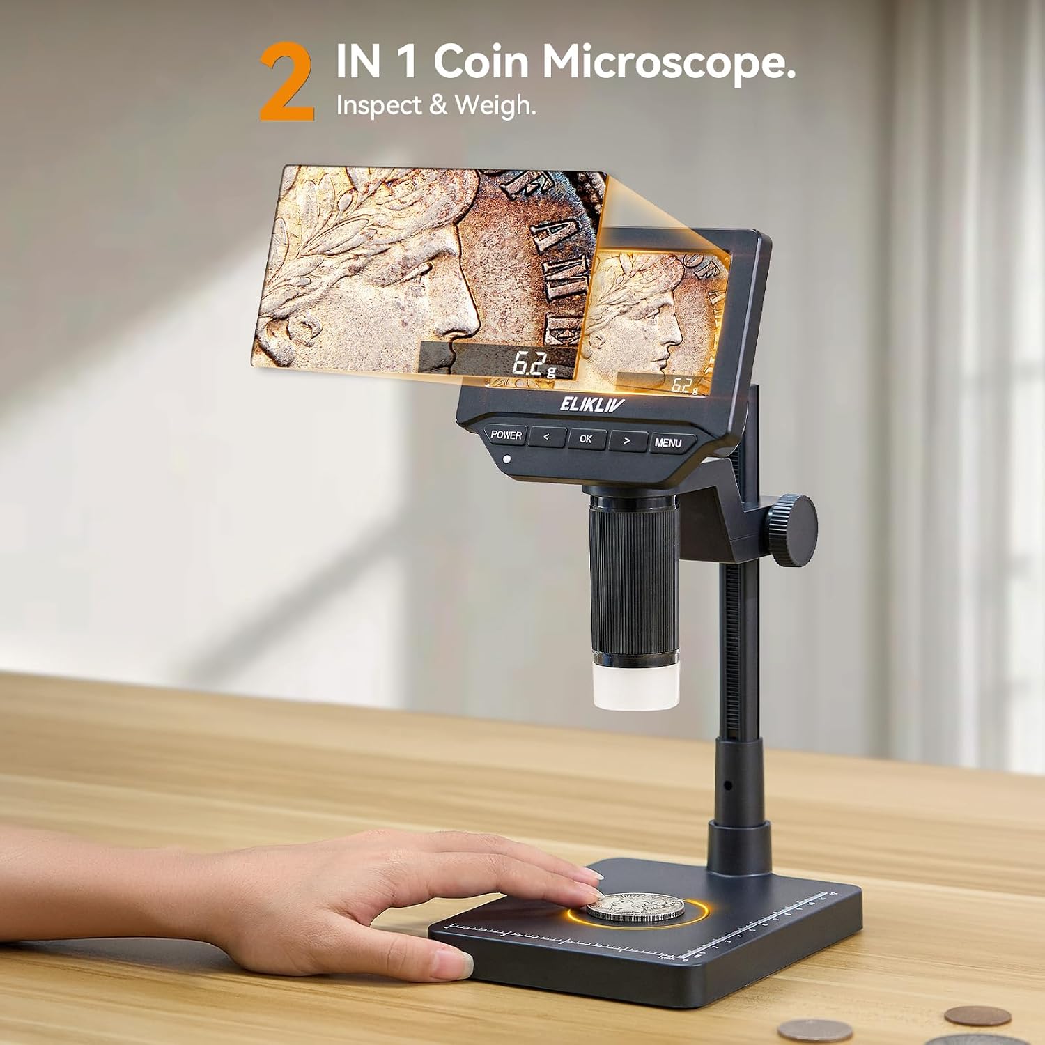 Elikliv EDM4C Coin Microscope with Scale：4.3" Digital Microscope with Adjustable LED