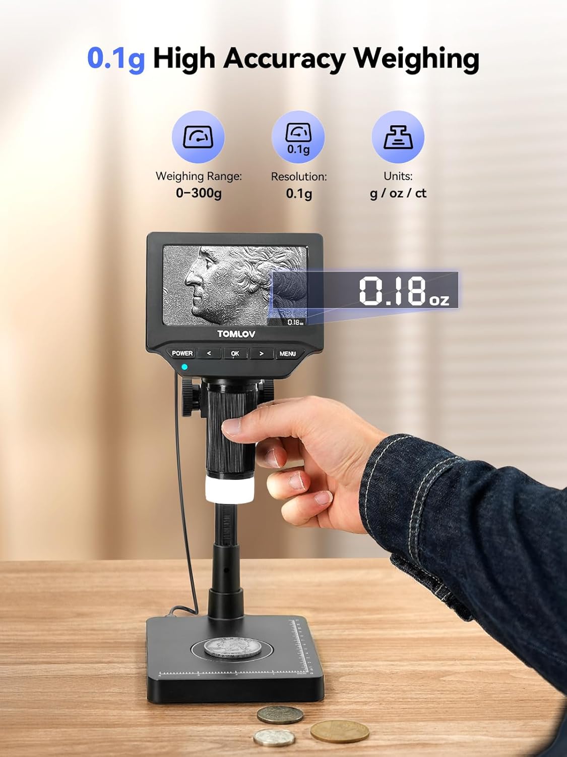 TOMLOV DM4W Microscope with Weighing Scale: 4.3" Digital Coin Microscope with Screen
